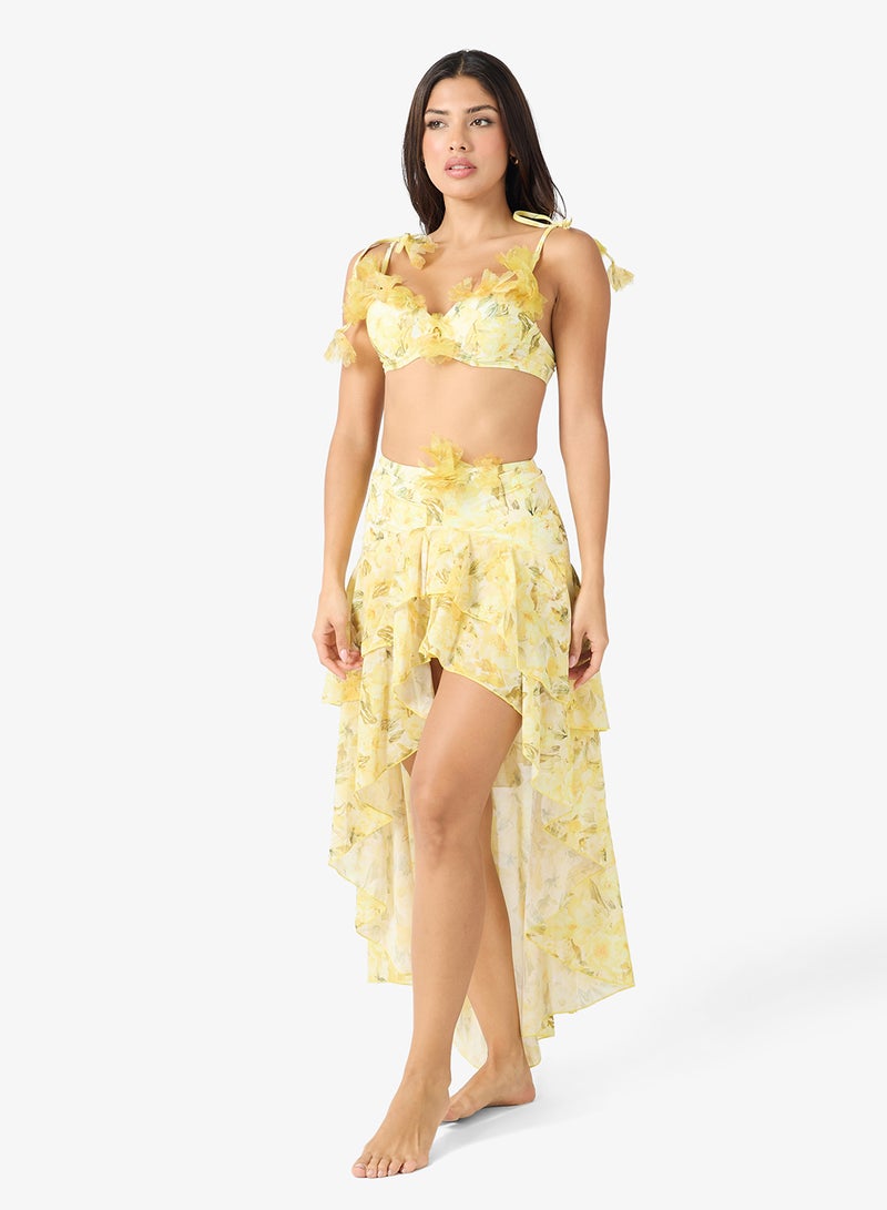 جينجر طقم بيكيني من  قطع بنقشة الزهور وتنورة غير متماثلة - Image 1